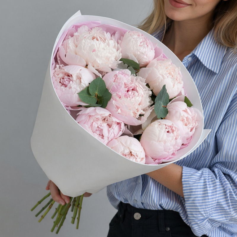 Букет из девяти розовых пионов «Пиончик»